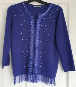 M&S Womens Cardigan UK 10 Cobalt Sequin Beaded Tassel Hem Wool Blend L22" - Picture 1 of 10