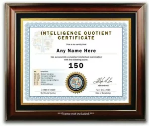 IQ TEST SCORE CERTIFICATE DIPLOMA - INTELLIGENCE QUOTIENT - Office Desk Decor - Picture 1 of 4