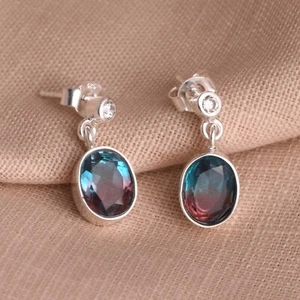 925 Sterling Silver Multi Color Alexandrite Oval Stone Dangling Stud For Women - Picture 1 of 9