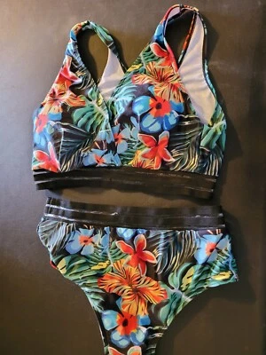 TRAJE DE BAÑO Mujer Dos Piezas Estampado Tropical Bandas Elásticas Talla 1 XL Foto 1 de 4