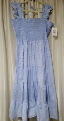 EILEEN WEST Sz L E5925027-145 BLUE GINGHAM GRACE SWISS DOT SLEEP DRESS SUN DRESS - Image 1 of 4
