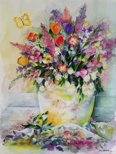 Suzanne Obrand, sobreviviente del Holocausto, acuarela "Olla de flores y mariposa" - Imagen 1 de 2