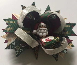 New! Santa Bow Custom Made Boutique Bow Green Gold Maroon - Picture 1 of 7