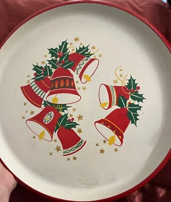 Vintage Holly Berries, Bells & Glitter Stars Plastic Serving Tray 13" Diameter - Image 1 of 3