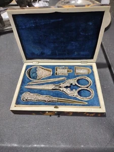 Victorian Sterling Silver Sewing Kit W/ Thimble Scissors Needle Case Awl + Case - Picture 1 of 14