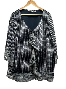 Isaac Mizrahi Live 3X Black Paisley Ruffle Stretch Blouse Button Up Top - Picture 1 of 5