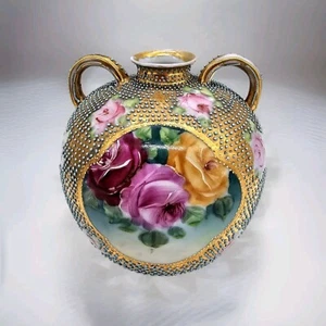 Antique Royal Kinran Nippon Double Handled Vase Gold Beading Moriage Victorian - Picture 1 of 14