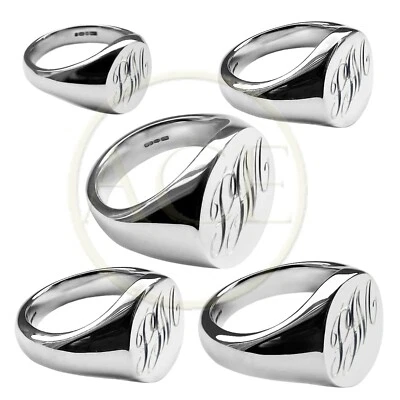 Hand Initial Engraved Oval Signet Rings Solid 925 Sterling Silver Hallmarked - Image 1 of 4