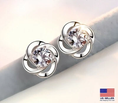 Fashion Women 925 Sterling Silver Earrings Crystal Rotating Flowers Stud 0602 - Image 1 of 4