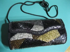 DeLill Patchwork Beaded Bag 7" x 3.5" Hard Case Bag, Handmade Macau Black Cord - Picture 1 of 6