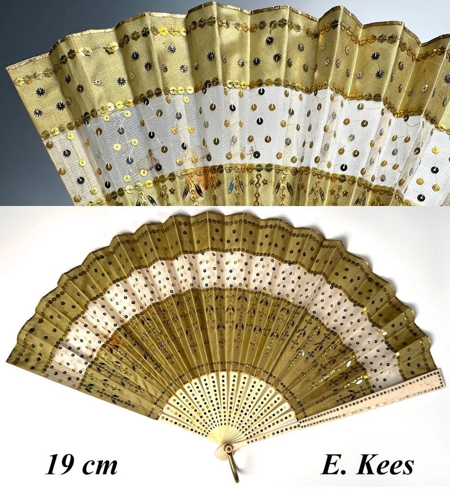 Antiguo abanico francés de gasa y lentejuelas de seda firmado por E. Kees de 19 cm, Belle Epope Foto 1 de 4