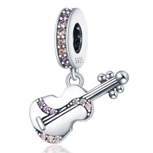 Sterling Silver 925 Pink Crystal Violin Charm Musical Instrument Dangle Charm - Picture 1 of 1