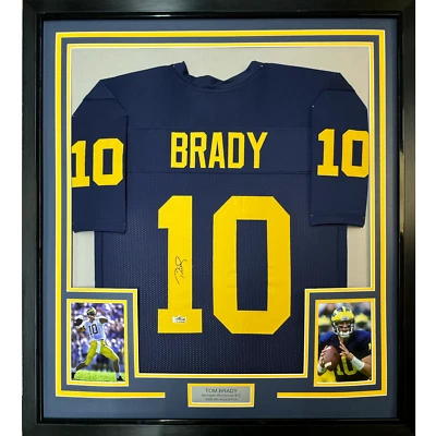 HOFSM.COM HALL OF FAME SPORTS MEMORABILIA Framed Facsimile Autographed Tom Brady 33x42 Michigan Blue Reprint Laser Jersey