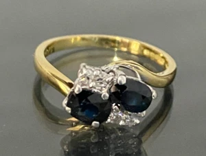 18K Yellow Gold W/ Sapphire & Diamond Crossover Ring Size M - 6 - Picture 1 of 9