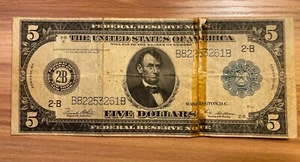 1914 $5 Five Dollar Federal Reserve Horse Blanket US Banknote - Picture 1 of 6