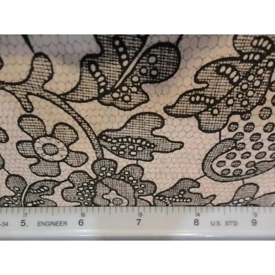 Pink & Black Cotton Fabric Light Pink Background w/ Black Lace Design 1+Yd Vtg - Image 1 of 3