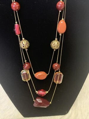Collar de tres hilos de alambre de colección con cuentas de oro rojo profundo ámbar piedra/cuentas de vidrio Foto 1 de 4