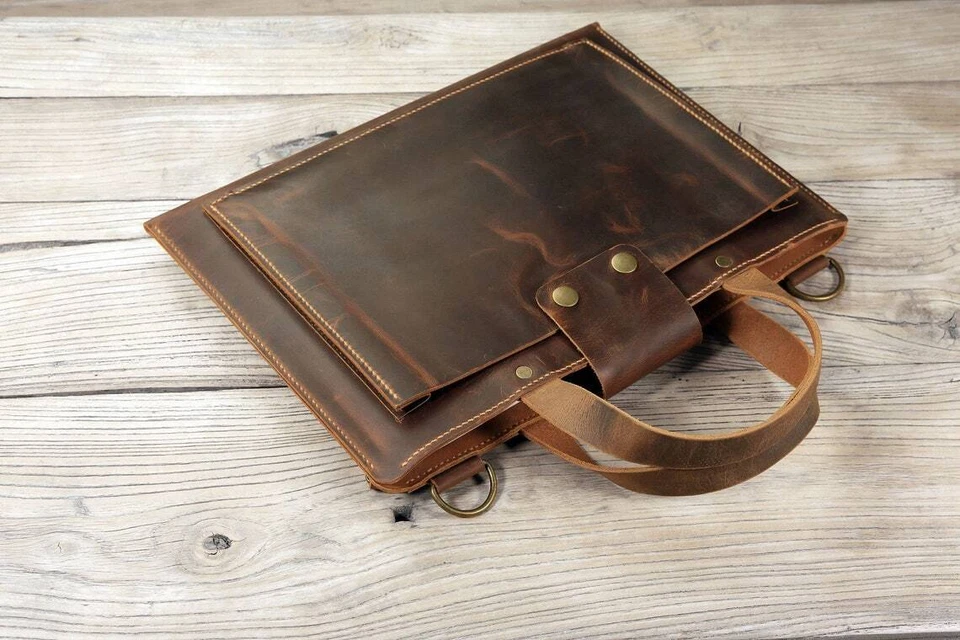 Bolso para portátil pequeño ligero de cuero cosido a mano portafolio Foto 1 de 4