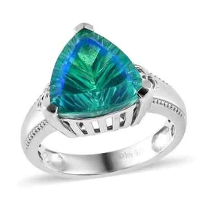 Ring Konkavschliff Pfauenquarz (Triplett) Solitär in Platin über Sterling Si - Bild 1 von 2