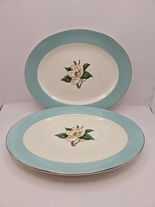 Vintage Lifetime China Co. Homer Laughlin  Turquoise Magnolia Set Of 2 Platters - Picture 1 of 9