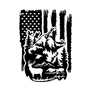 Distressed American Flag Grizzly Bear Deer Buck Wolf Hunter Hunt Decal Sticker - Picture 1 of 3