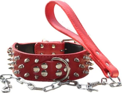 NEW  2" Wide Leather SPIKED Dog Collar Chain Leash Set  RED   🔥 FAST FREE SHIP - Image 1 of 4