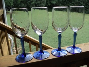 Vintage Lenox Wine Glasses (4) Cobalt Blue Stem Clear Swag Draped Bowl Gold Band - Picture 1 of 7