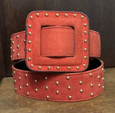Escada Red Suede Fashion Belt Sz 30 1.5”Wide Goldtone Studs W Germany VGUC - Image 1 of 4