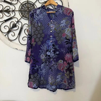 vtg Tianello Y2K “Willow Kimono” Rayon Blouse Purple Floral Tunic S Small - Image 1 of 4