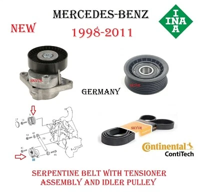 Engine Serpentine Belt+Tensioner Assembly+Idler Pulley For Mercedes Benz Germany - Image 1 of 4