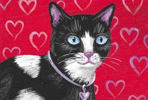 4X6 PRINT OF PAINTING RYTA VALENTINES DAY TUXEDO BLACK CAT HEART GIFT Folk ART - Imagen 1 de 1