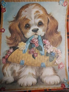 Vintage Cocker Spaniel Puppy Holding Basket of Flowers Print 11" X 14" EUC! - Picture 1 of 3