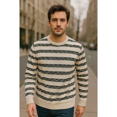 Suéter Pullover Informal American Eagle Est.1977 Crema y Negro Tejido a Rayas Hombres M Foto 1 de 4