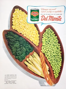 PRINT AD Del Monte Canned Vegetables 1948 Corn Peas Spinach Asparagus Leaf Dish - Picture 1 of 1