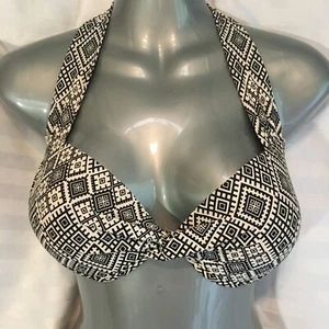 Bikini Top Size Large Black & White Geometric Abstract Tribal Push Up Halter Tie - Picture 1 of 11
