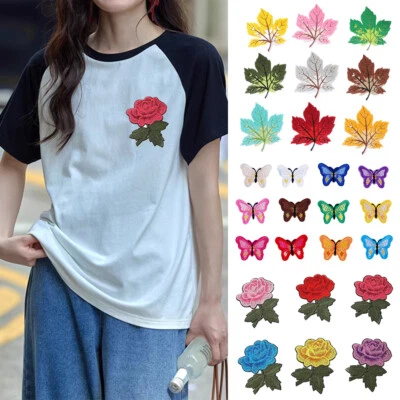 Embroidered Iron On Patches Autumn Leafs Butterfly Garden Roes Flower Set ~ - Image 1 of 4