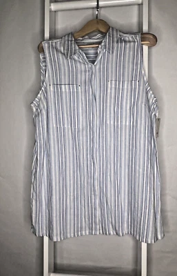 Dana Buchman Shirt Womens XL Blue White Stripe Sleeveless Long Button Up NEW - Image 1 of 4