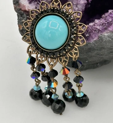 Филигранное ожерелье Liz Palacios с бирюзой и черными кристаллами сделано в США - Изображение 1 из 4