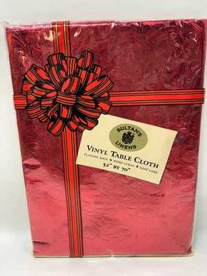 Christmas Table Cloth SULTANS LINENS Red Vinyl 52 x 70 flannel Backed  NEW - Image 1 of 4