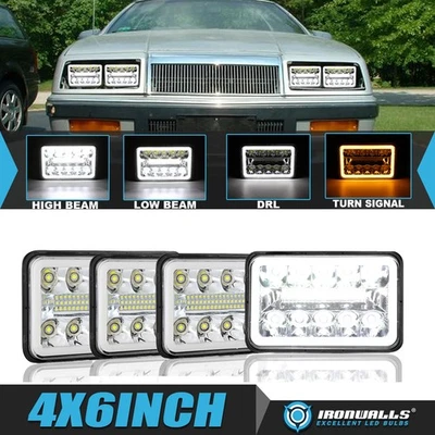 适用于克莱斯勒 LeBaron 1977 - 1992 4x6 英寸镀铬 LED 车头灯高/低 DRL 转向信号 — 第 1/4 张图片