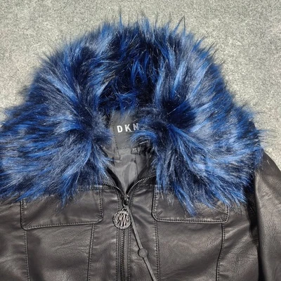 Chaqueta de cuero sintético DKNY XS azul ribete de piel sintética negro abrigo de motociclista Foto 1 de 4