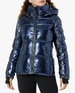 S13 New York Women's Metallic Kylie Puffer Coat W/Hood - Jet (Blue/Black) -Large - Picture 1 of 2