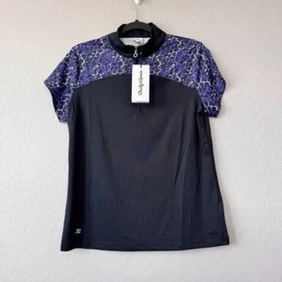 NUEVO CON ETIQUETAS Daily Sports Grande Manga Corta Golf Polo Leopardo Cuarto Cremallera Azul Marino Foto 1 de 4