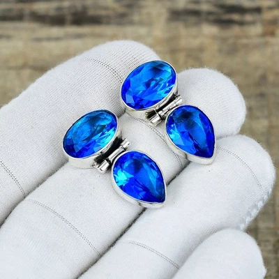 London Topazio Blu Gemma Orecchini 925 Argento Sterling Mano Gioielli Regalo - Immagine 1 di 4