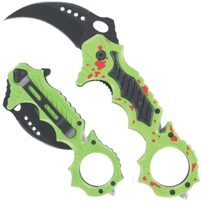 Spring Assisted Karambit Pocket Knife EDC Tactical Hawkbill Zombie Green Folding - Image 1 of 4