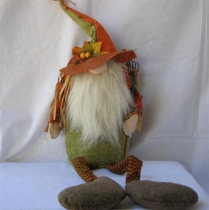 30" Handcrafted Fabric Halloween Fall Harvest Gnome Shelf Sitter Green Orange - Picture 1 of 12
