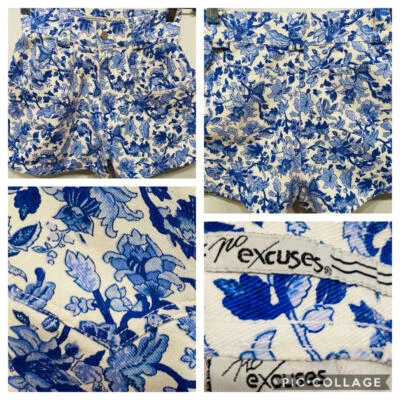 Vtg 80s Denim NO EXCUSES High Waisted Jean Shorts Blue White Flowers Pleats XS S - Image 1 of 4