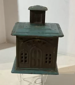Antique PIERCED TIN Still Bank Building Penny CHANGE COIN BANK Late 1800's Blue - Picture 1 of 10