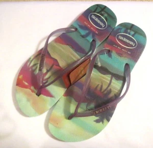 Chanclas brasileñas auténticas HAVAIANAS EE. UU. 11/12 azules palmeras hawaianas - Imagen 1 de 3
