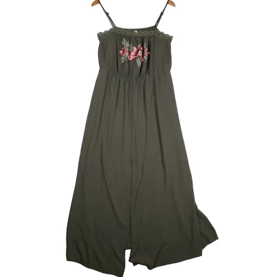 Xhilaration 连衣裙 Maxi 刺绣橄榄绿色 L 花卉波西米亚时尚干净女孩 — 第 1/4 张图片